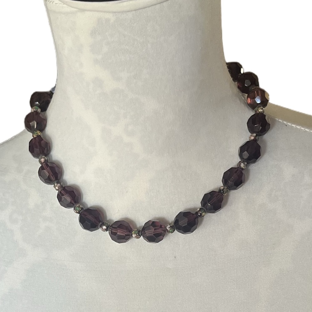 Vintage Deep Purple Faceted and Cloisonné Accent Beads Necklace & Earring Set - Picture 1 of 6